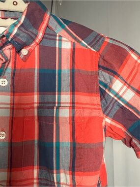 Old Navy Coral, Teal and Navy Plaid Shirt